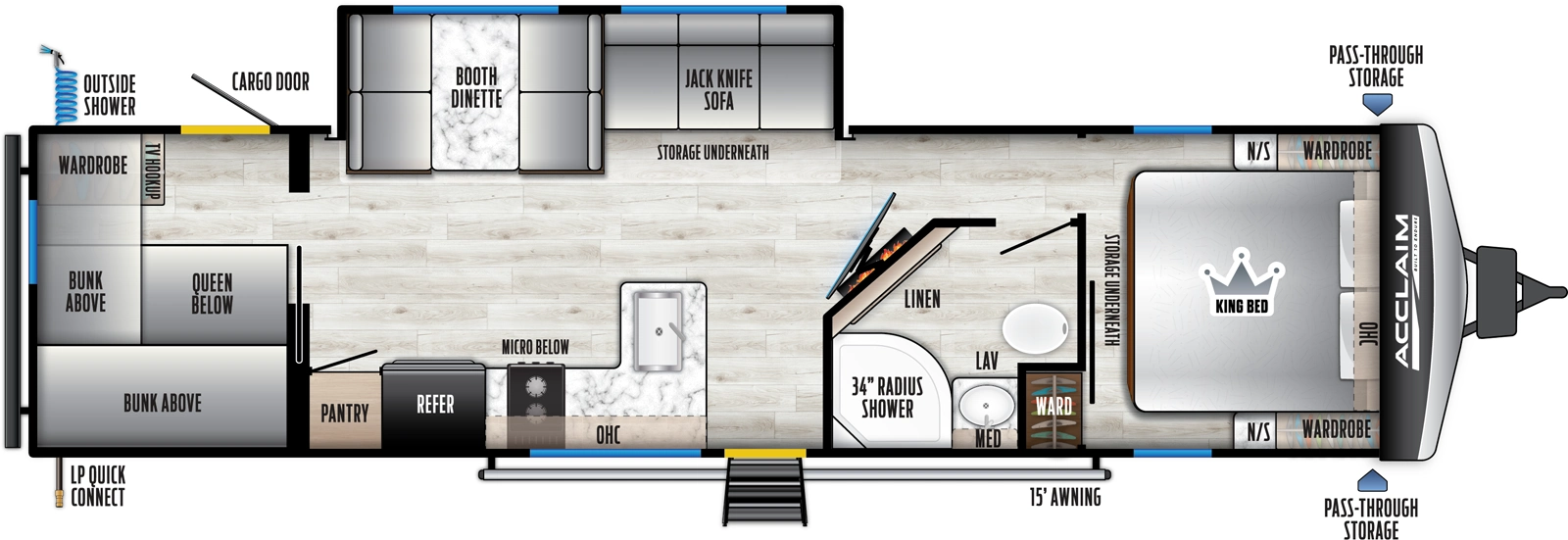 The Acclaim 3250QB floorplan has one entry and one slide out. Exterior features include: metal exterior and 15' awning. Interiors features include: bunk beds and front bedroom.